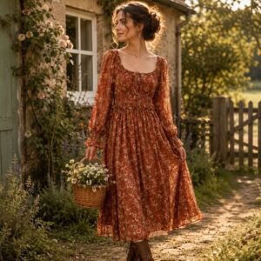 By the River Women Size M Floral Smocked Waist Midi Dress Brown Boho Cottagecore